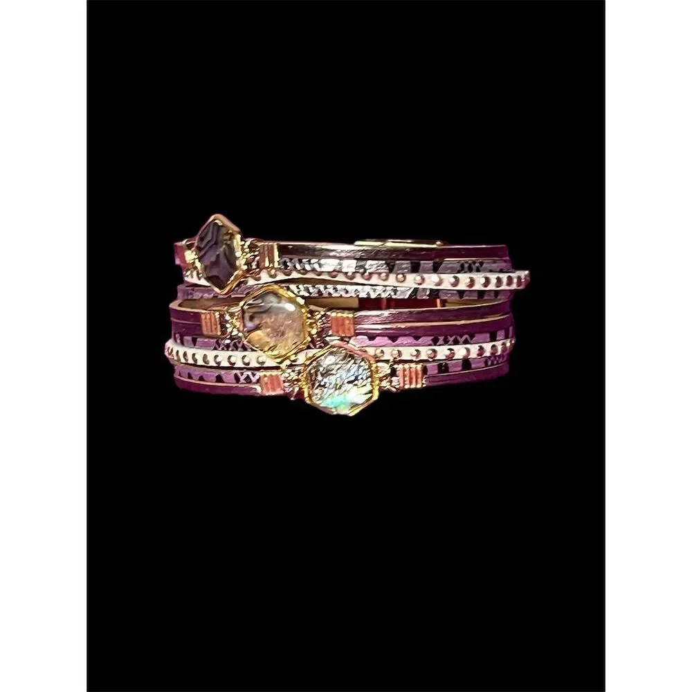 Boho Multi-Layer Leather Bracelet with Natural Stones & Gold Accents - Picture 10 of 13
